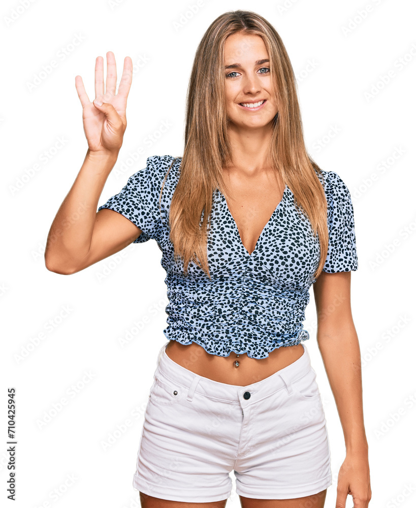 Young blonde woman wearing casual clothes showing and pointing up with fingers number four while smiling confident and happy. Young blonde woman wearing casual clothes showing and pointing up with fingers number four while smiling confident and happy.