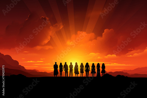 A group of women form a powerful silhouette against a vibrant sunset sky, symbolizing unity and strength on International Womens Day. photo