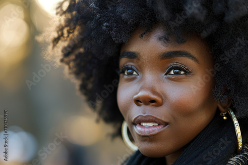 Close-up portrait of a young black woman with afro hair captured on a sunny day to celebrate International Women's Day.