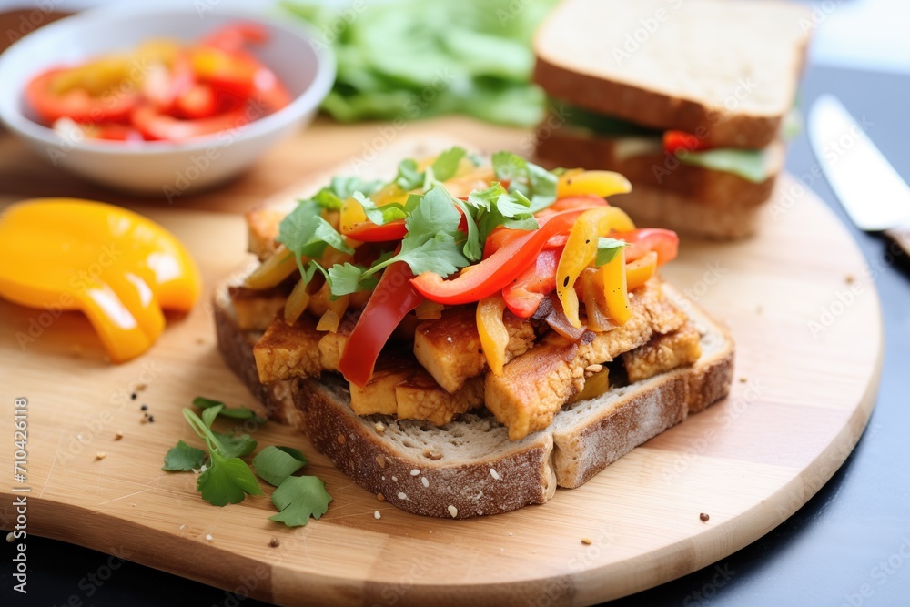 marinated tempeh sandwich with bell peppers and onions marinated tempeh sandwich with bell peppers and onions