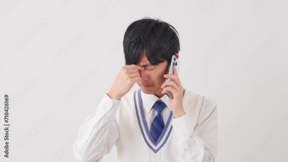 スマートフォンで電話をしながら泣く男子高校生 白背景 スマートフォンで電話をしながら泣く男子高校生 白背景
