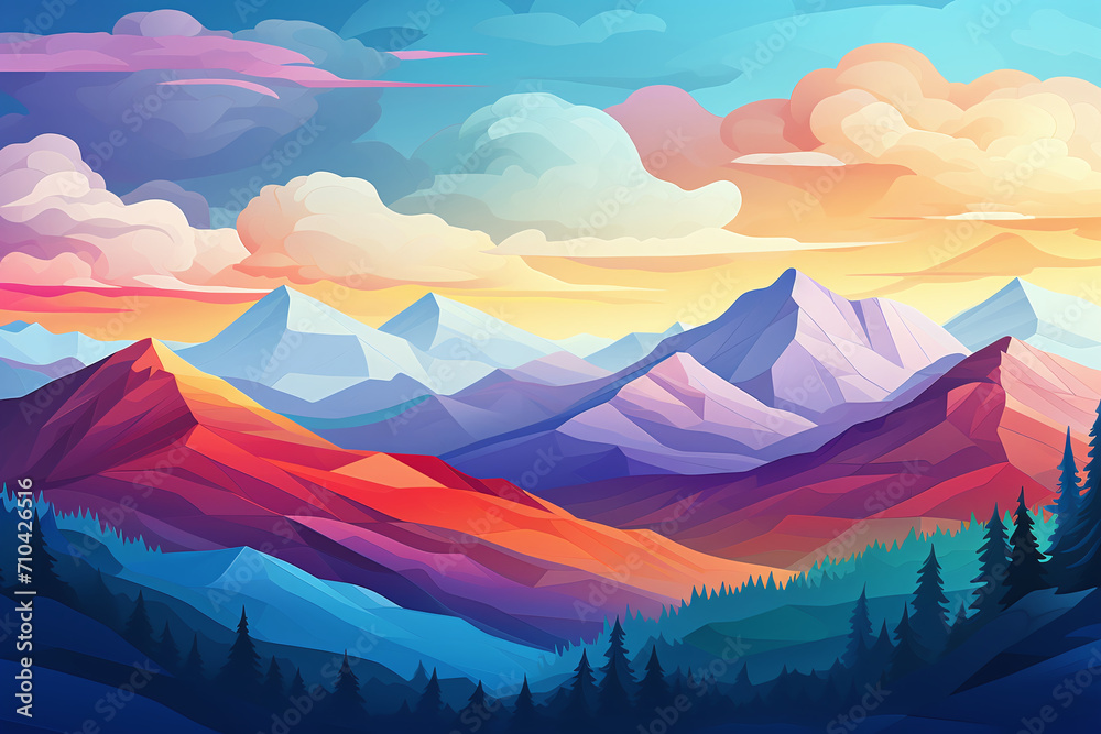 The mountains overlap and come in many bright colors. Ai generate.