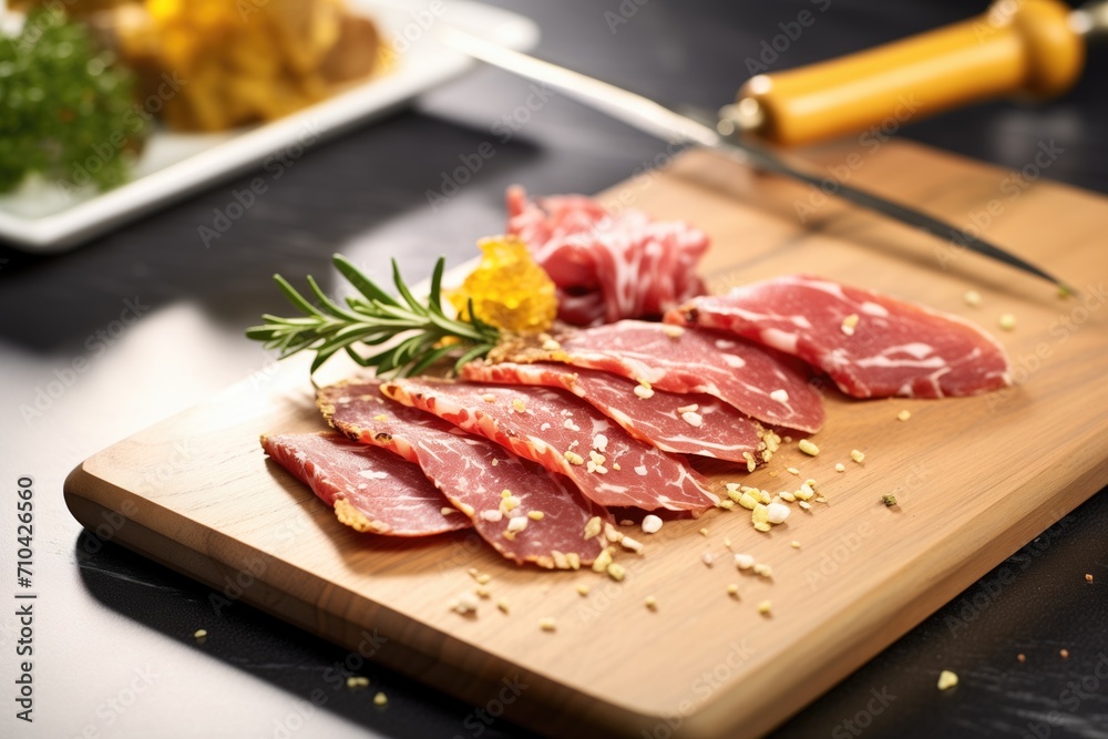 thick-cut salami pieces on a slate board with whole grain mustard