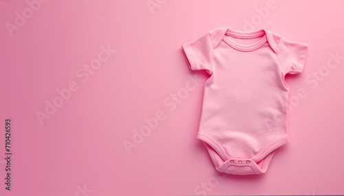 Light pink baby bodysuit on pastel background. Top view, space for text. 