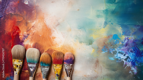 bright multicolored creative background, a group of brushes with paint on the background of a multicolored spectrum canvas, the idea of creativity banner, team photo