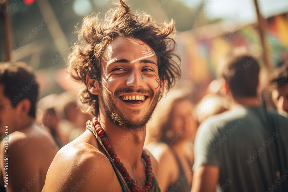 Happy male teenager is at a colorful music festival. Ai generate. Happy male teenager is at a colorful music festival. Ai generate.