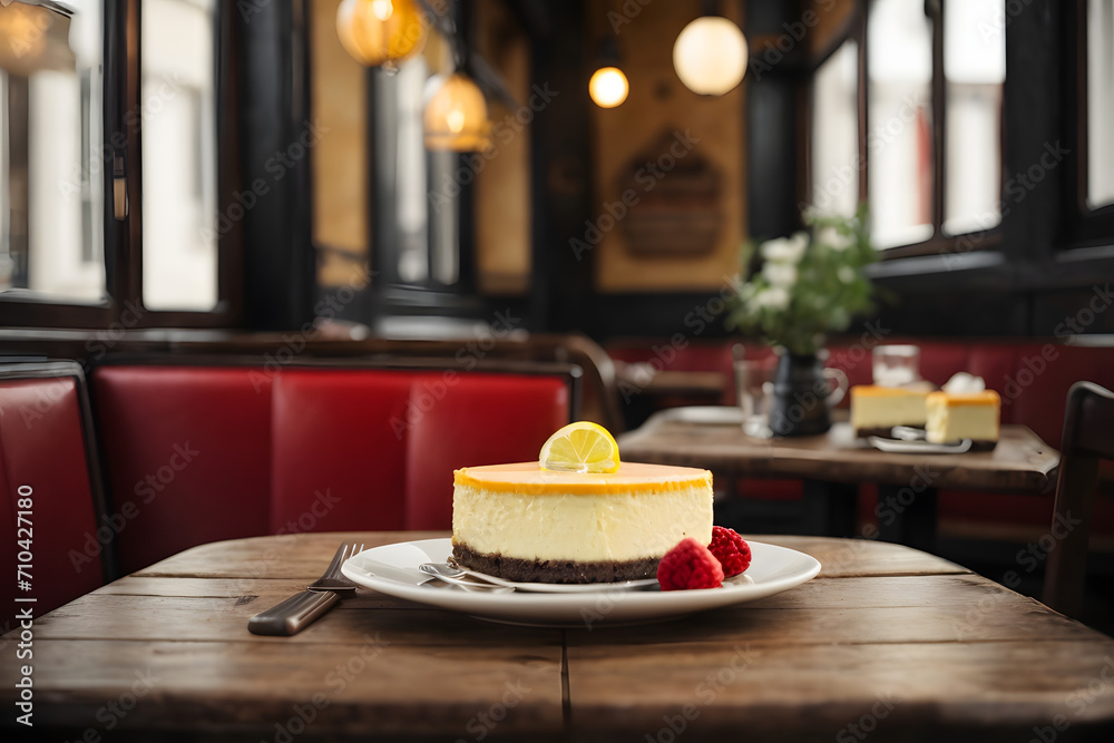 Concept photo shoot of cheesecake in a rustic small old cafe
