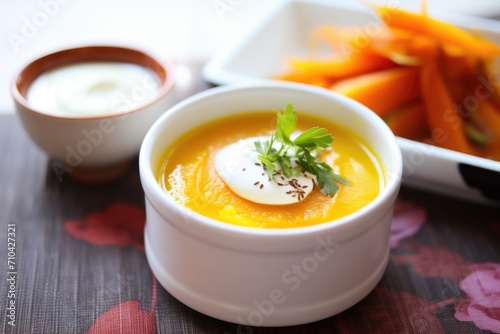 squash and carrot soup with a dollop of sour cream