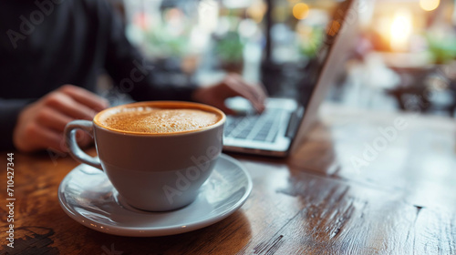 Close-up of a cup of coffee on the table against the background of a man working remotely on his laptop in a cafe