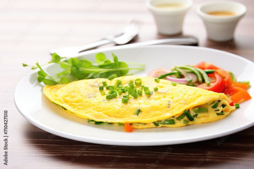 fresh veggie omelette on white plate with chives garnish