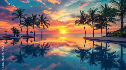 Fantastic poolside  sunset sky  palm trees reflection  Vacation resort hotel