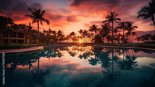 Fantastic poolside, sunset sky, palm trees reflection, Vacation resort hotel