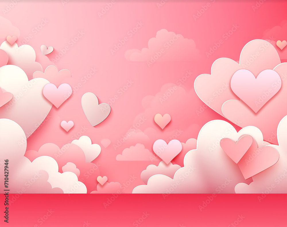 Beautiful and Romantic illustration of red and pink hearts of love, clouds and copyspace