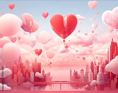 Beautiful and Romantic illustration of red and pink hearts of love floating in the sky of a city