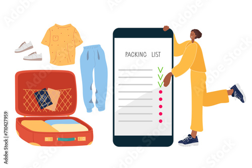 Packing list. Young girl packs suitcase for trip. Mobile smart phone with Packing List app. Open suitcase full of belongings. Flat vector illustration for travel, business trips, vacation isolated.