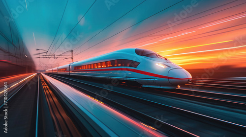 High-Speed Maglev Trains in motion, long exposure shot, futuristic design speeding through vibrant landscapes, illuminated by morning sun