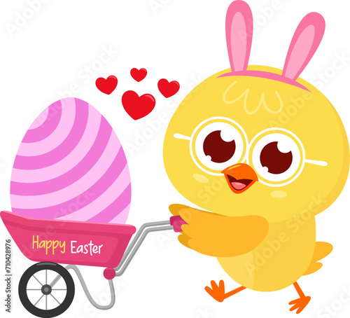 Cute Yellow Chick Cartoon Character Pushing Cart With Decorated Egg. Vector Illustration Flat Design Isolated On Transparent Background