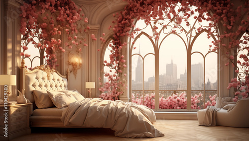 interior of a valentine room with a bed and a beautifull view photo