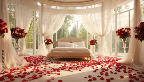 Slika na platnu interior of a valentine room with a bed, red rose bouquets and red petals on the
