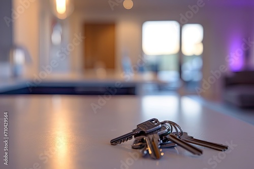 Unlocking opportunities. Conceptual featuring key table and house perfect for illustrating real estate home security and business concepts photo