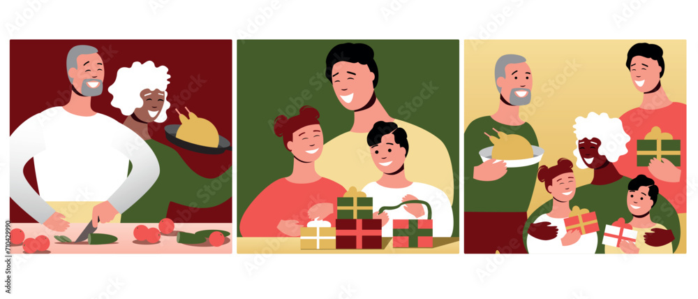 Obraz premium Family Reunions, vector flat illustration, genuine emotions of joy, togetherness, complete story or visual narrative with holiday spirit of people