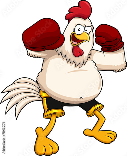 Angry Boxer Chicken Rooster Cartoon Character Wearing Boxing Gloves. Vector Hand Drawn Illustration Isolated On Transparent Background