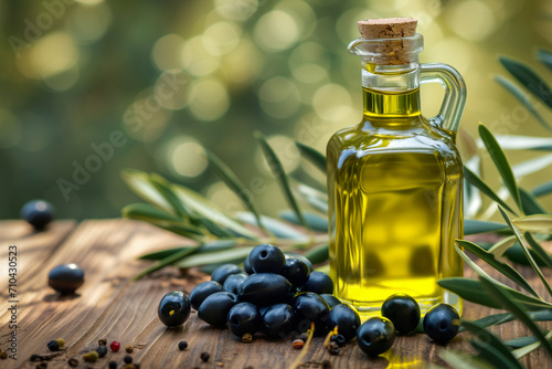 Bottle of olive oil and green olives with leaves. Olive oil and berries are on the wooden table under the olive. Olives and olive oil in white bowl with bottle of olive oil.