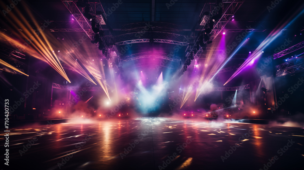 Empty night club stage illuminated with red and blue spotlights