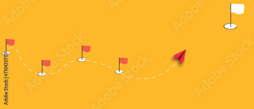 red plane going through workflow challenges one by one. Workflow, working process, project progress, success tracking, work experience idea concept.