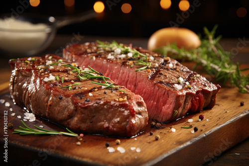 Perfectly cooked medium rare sirloin steak with garlic butter