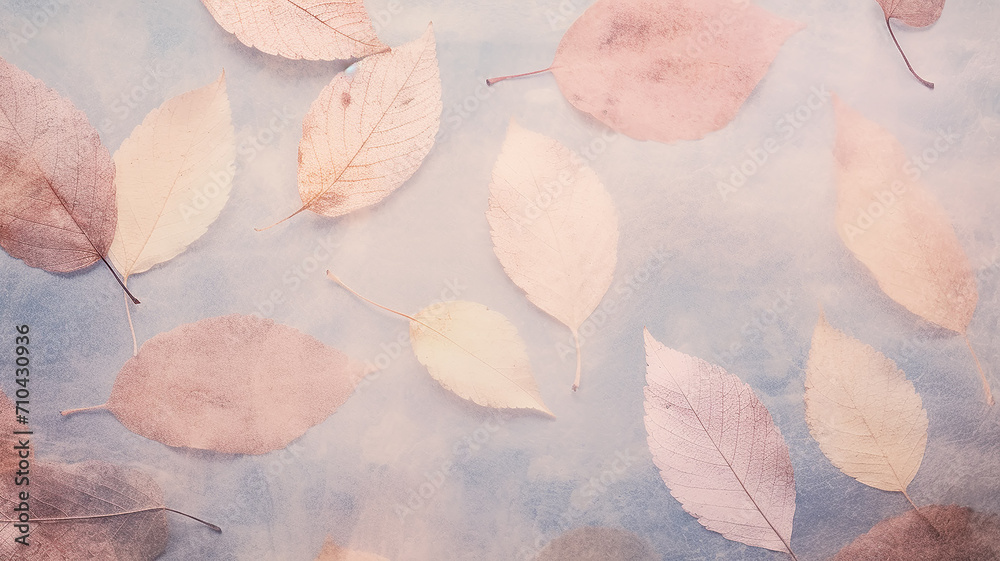 autumn background prints of dry leaves on paper scrapbooking, soft color delicate pastel colors blank copy space