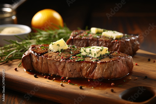 Perfectly cooked medium rare sirloin steak with garlic butter photo