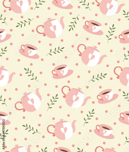 Pattern teapot and teacup with leaves on light pink background.