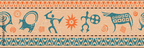 Ethnic seamless border on the theme of rock paintings, vector design, banner