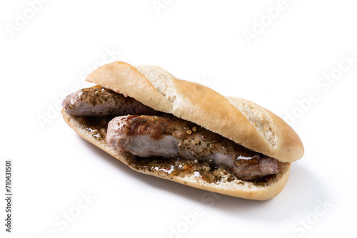 Traditional choripan, Argentina sandwich with chorizo and chimichurri sauce. isolated on white background