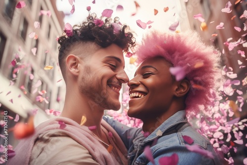 Cheerful couple surrounded by falling pink hearts, Celebration of love and happiness