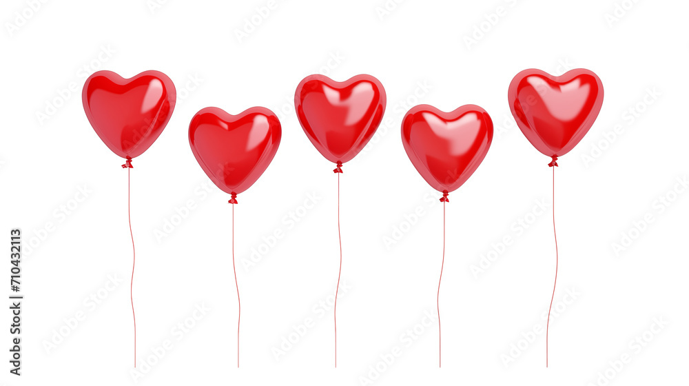 Red heart balloons on transparent background. Foil air balloon for party, Christmas, Birthday, Valentines day, Womens day, wedding, grand opening. Glossy shine helium balloon