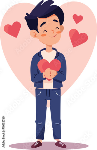 happy valentines day. cute young man with a heart and his head in hands