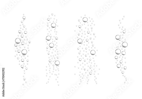 Fizzy carbonated drink texture. Underwater oxygen bubbles. Champagne, beer, soda, cola, seltzer, sparkling wine stream. Soap, shampoo, gel suds. Effervescent pill trace. Vector realistic illustration