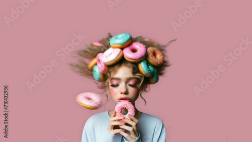 a girl with donuts in her hair, holding a pink donut in the hand, pastel colors, pink background