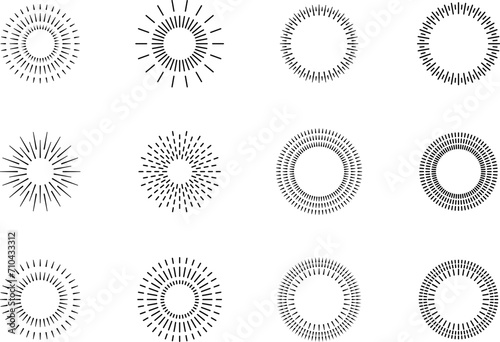Vintage sunburst set. Bursting rays sunrise firework starburst blast, Radiant Spark. Vintage sunburst, Rays. Geometric Design Elements. Retro radiant sunburst, starburst hand drawn label, sun rays. 