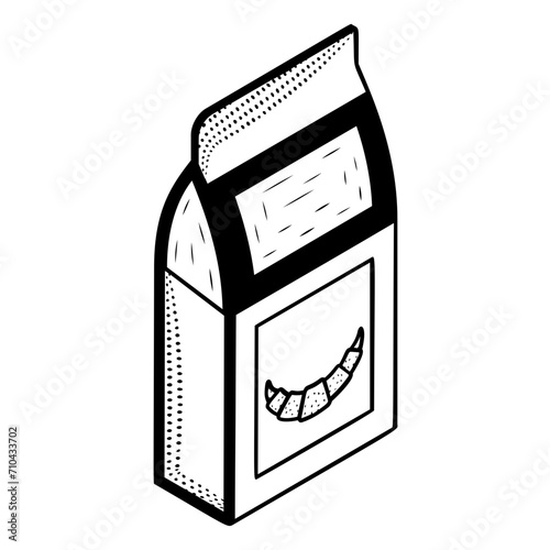Packaging of Butter Croissant isometric concept, paper bag for Bakery Merchant Hand drawn vector, Bakery and Baker drawings, food preparation and Kitchen Utensil Sketch Culinary Doodle illustration