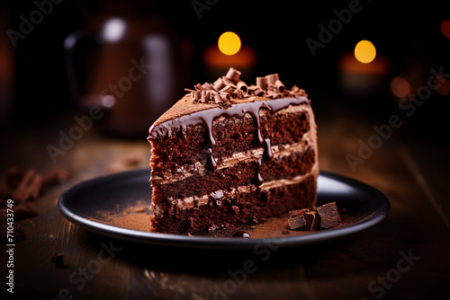 A slice of chocolate cake, professional color grading, soft shadows