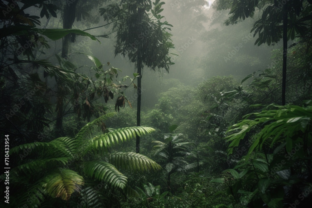 Fototapeta premium Lush Wonderland: A Captivating View of a Tropical Forest, Nature's Verdant Symphony in Full Bloom. Ideal for Adding Tropical Vibes and Breathtaking Greenery
