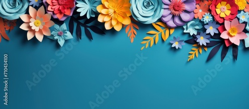 Multicolored paper cut flowers with green leaves, copy space on blue background. Generate AI image photo