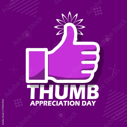 Thumb Appreciation Day event banner. Hand icon with thumb up and bold text on dark purple background to celebrate on February 18