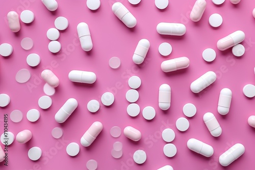 "Pills and pill bottles on pink background"