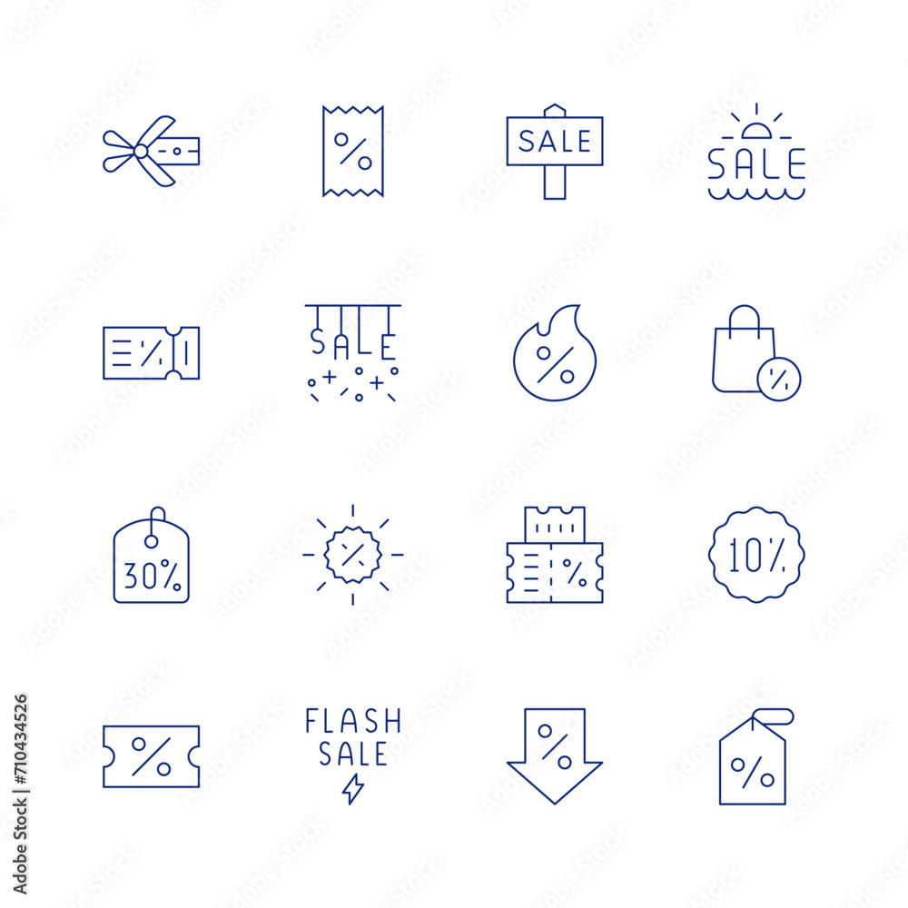 Sales line icon set on transparent background with editable stroke. Containing cut, coupon, percent, ticket, sale, sales, flashsale, summersale, hotsale, discount, decrease, pricetag.
