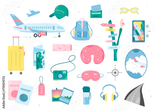 Set of flat style elements about travel on white background. Travelling background. Vector collection. White background