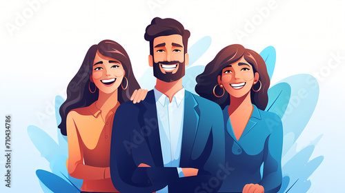 Group of three people smiling together, flat vector illustration photo